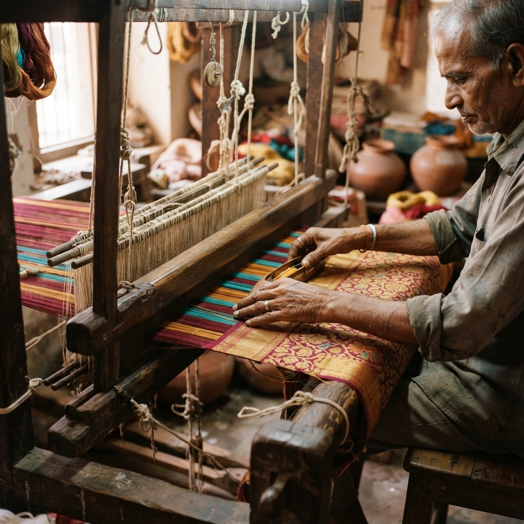 Artisan weaving a silk saree on a traditional handloom