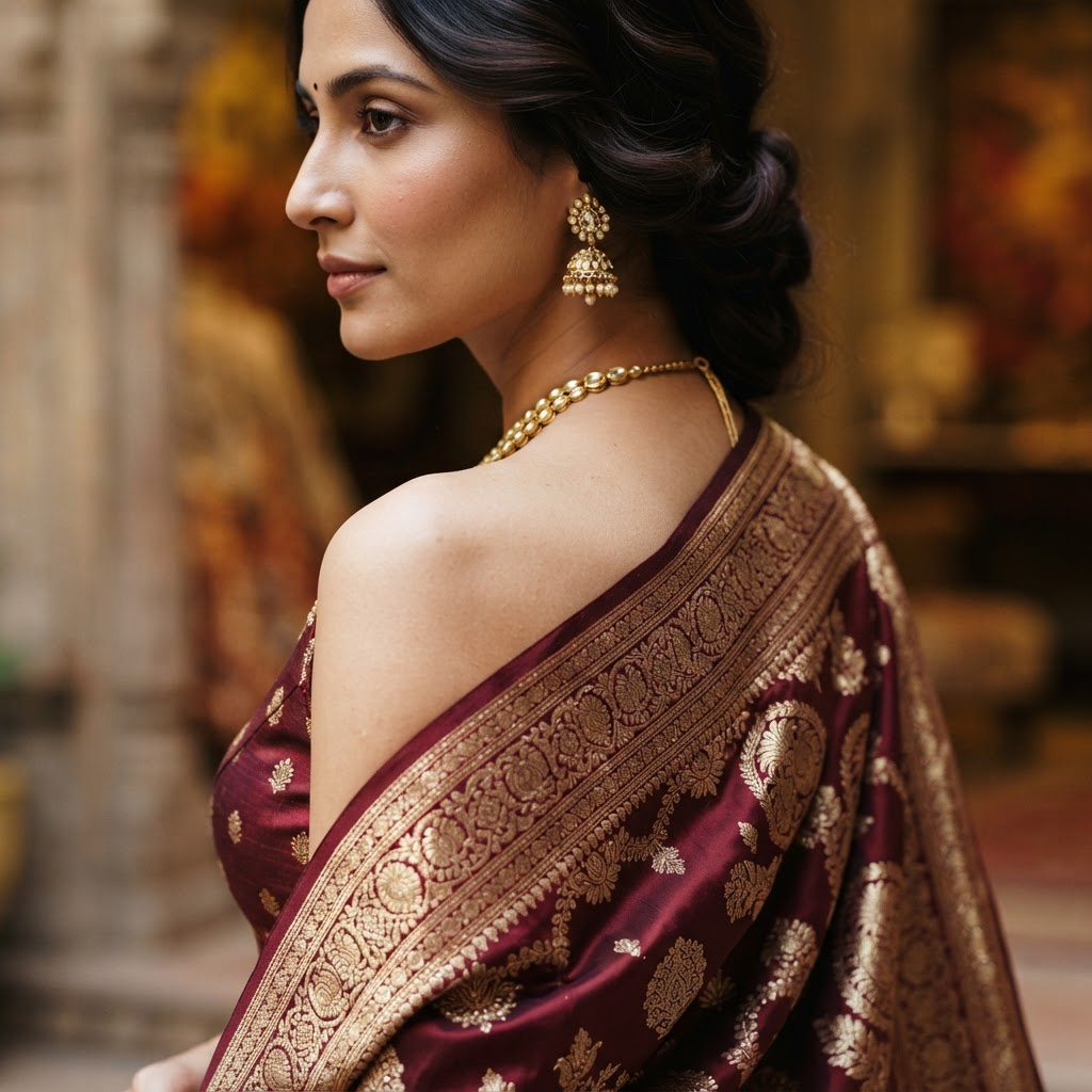 Close-up of a handwoven saree drape