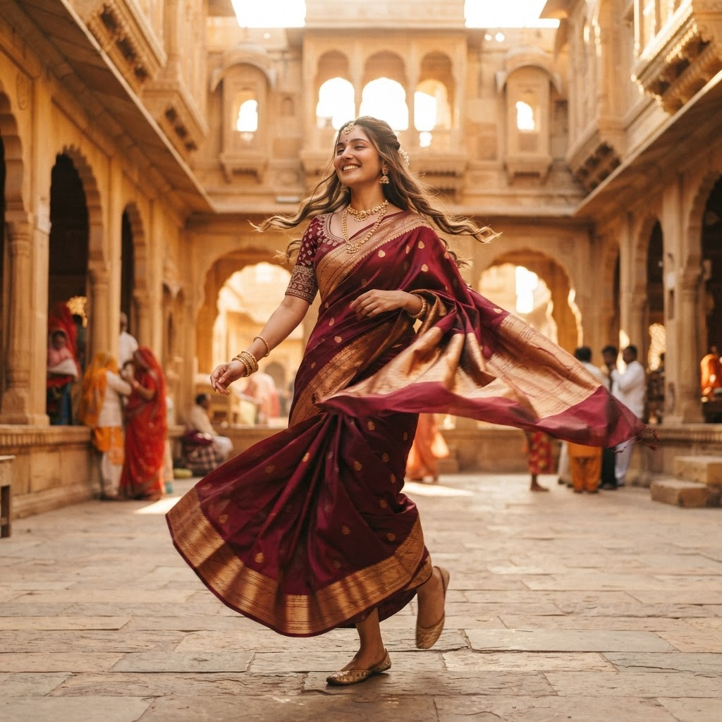 Elegant handloom saree drape in soft natural light